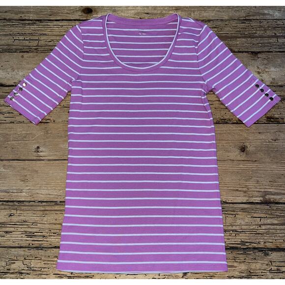 Ann Taylor Women’s Size M Purple And White Striped Mid Sleeve Top NWT - Picture 1 of 6